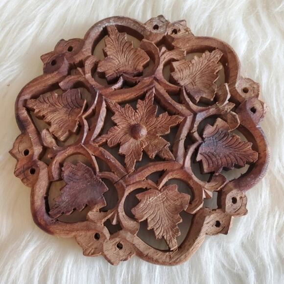 Other - Vintage Boho Indian Handcarved Wooden Round‎ Trivet Plate